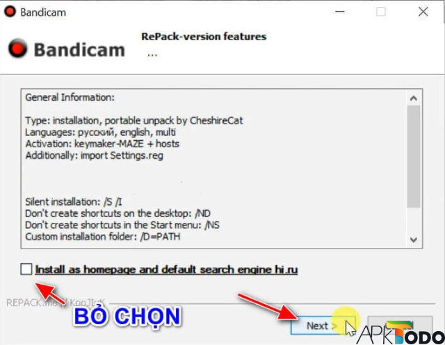 Bỏ chọn Install as homepage nhấn Next.