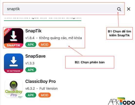 Tìm kiếm ứng dụng SnapTik trên Trummod